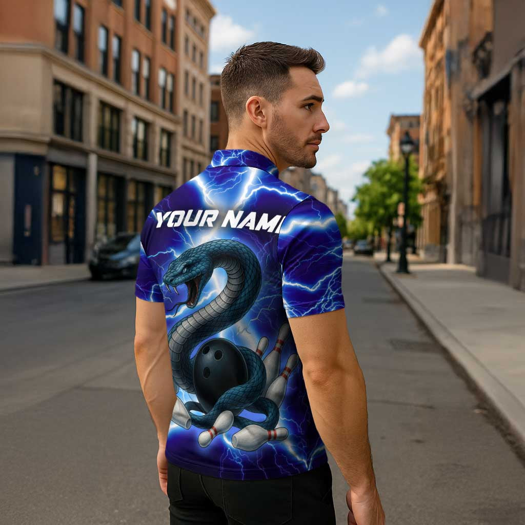 Snake and Bowling Ball Design Zipper Polo Shirt with Lightning Background and Custom Team Name Text - Wonder Print Shop