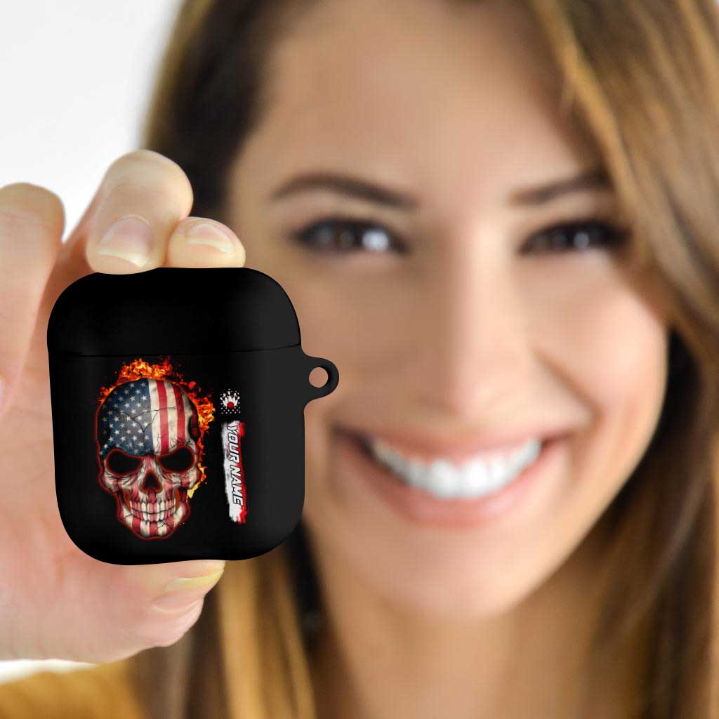 American Flag Skull Design AirPods Case with Bowling Elements and Fire Background with Custom Team Name Text - Wonder Print Shop