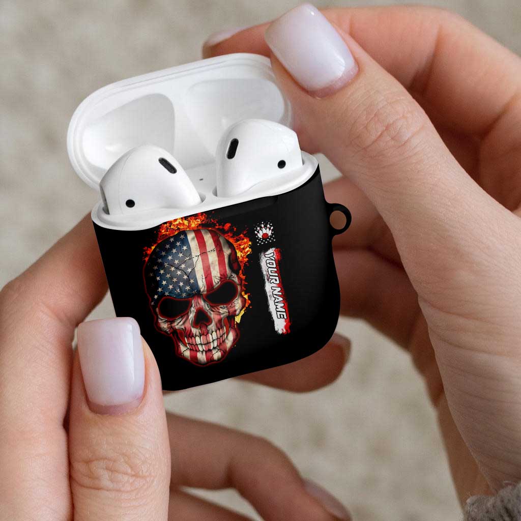 American Flag Skull Design AirPods Case with Bowling Elements and Fire Background with Custom Team Name Text - Wonder Print Shop