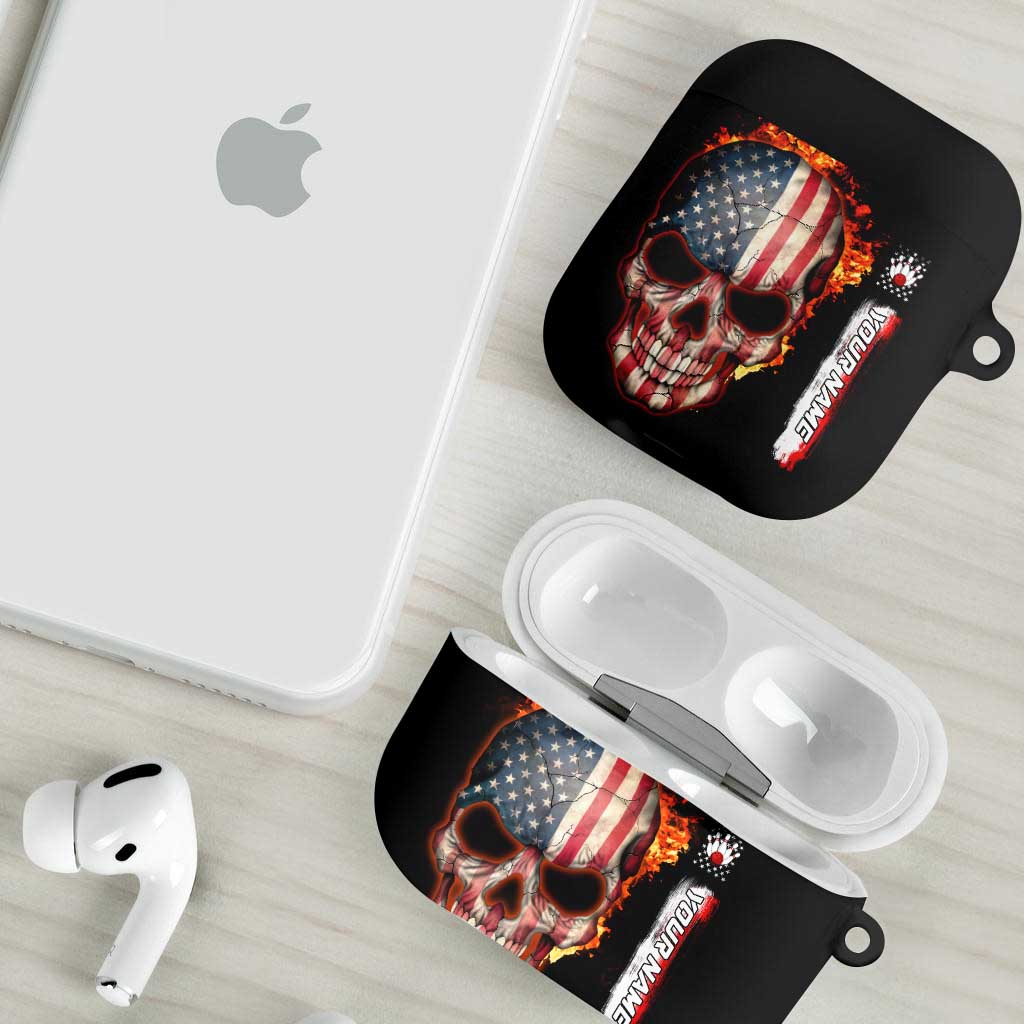 American Flag Skull Design AirPods Case with Bowling Elements and Fire Background with Custom Team Name Text - Wonder Print Shop
