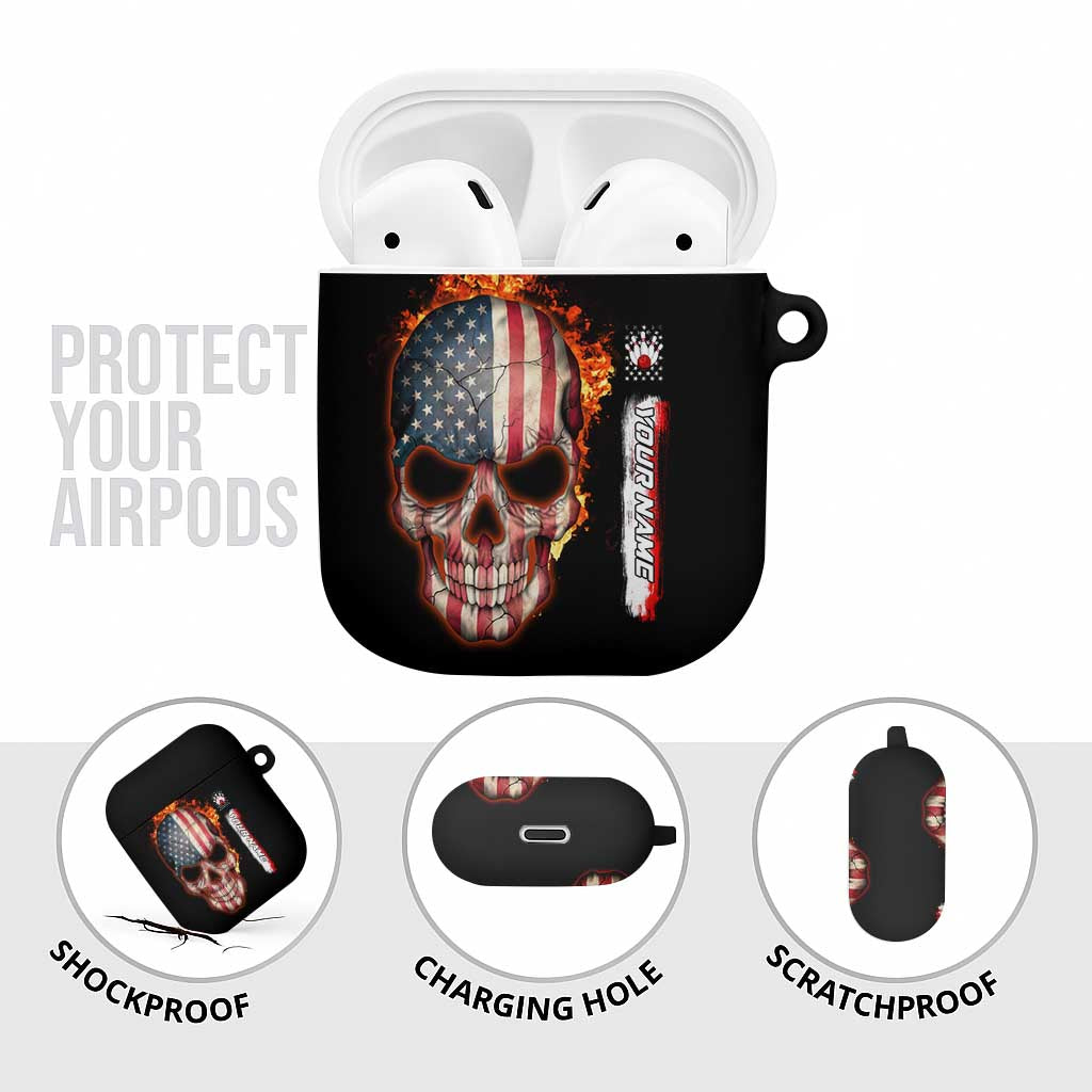 American Flag Skull Design AirPods Case with Bowling Elements and Fire Background with Custom Team Name Text - Wonder Print Shop