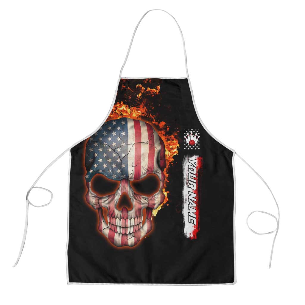 American Flag Skull Design Apron with Bowling Elements and Fire Background with Custom Team Name Text - Wonder Print Shop