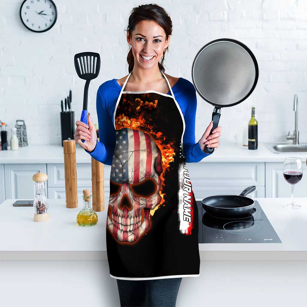 American Flag Skull Design Apron with Bowling Elements and Fire Background with Custom Team Name Text - Wonder Print Shop
