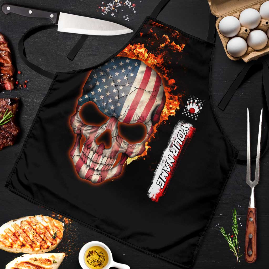 American Flag Skull Design Apron with Bowling Elements and Fire Background with Custom Team Name Text - Wonder Print Shop