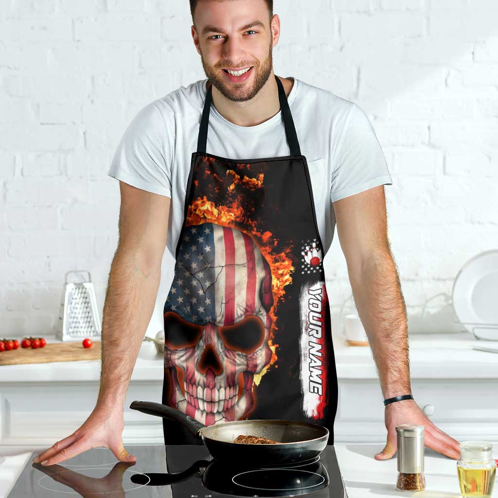 American Flag Skull Design Apron with Bowling Elements and Fire Background with Custom Team Name Text - Wonder Print Shop