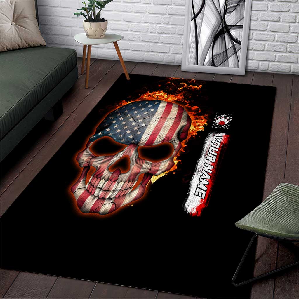 American Flag Skull Design Area Rug with Bowling Elements and Fire Background with Custom Team Name Text - Wonder Print Shop