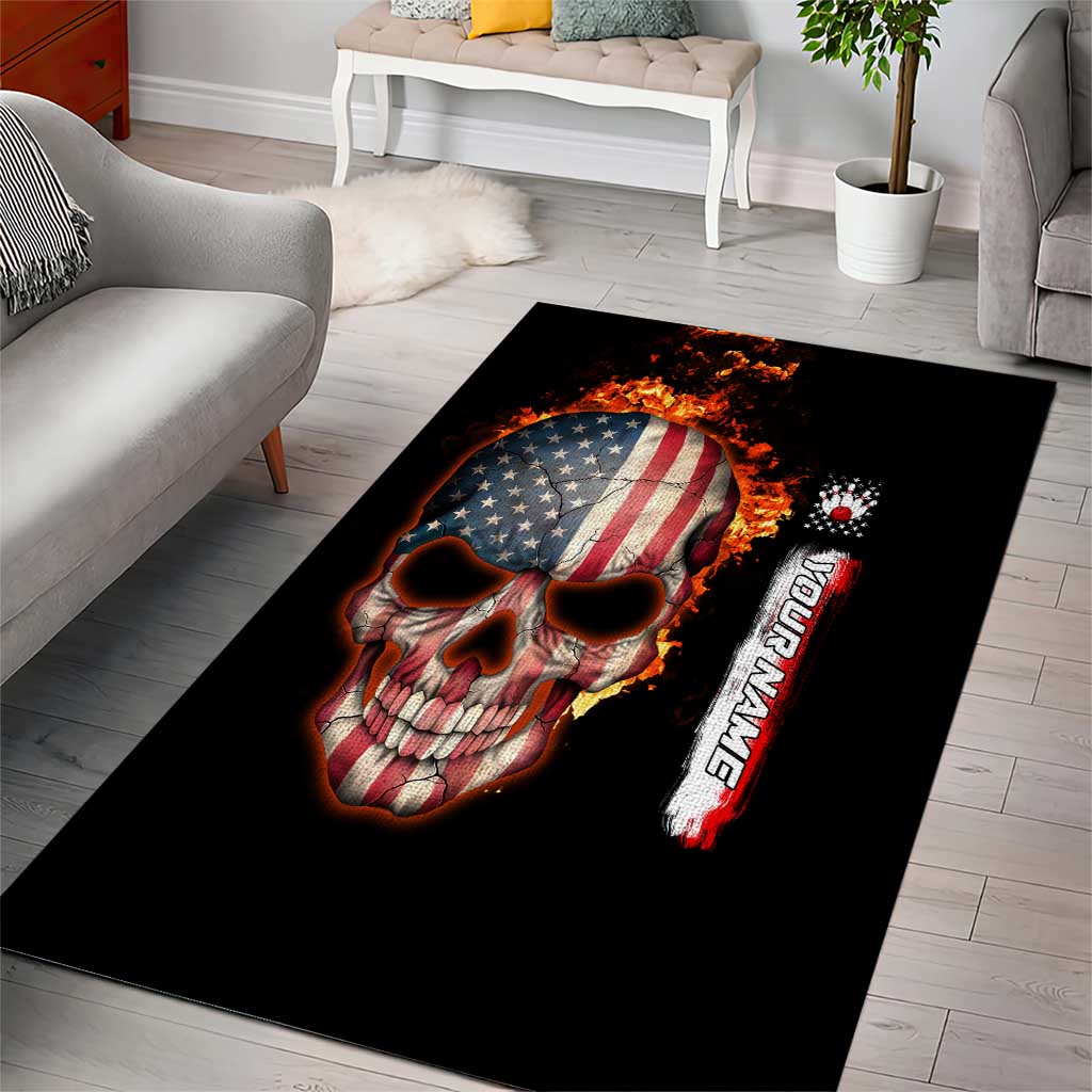 American Flag Skull Design Area Rug with Bowling Elements and Fire Background with Custom Team Name Text - Wonder Print Shop