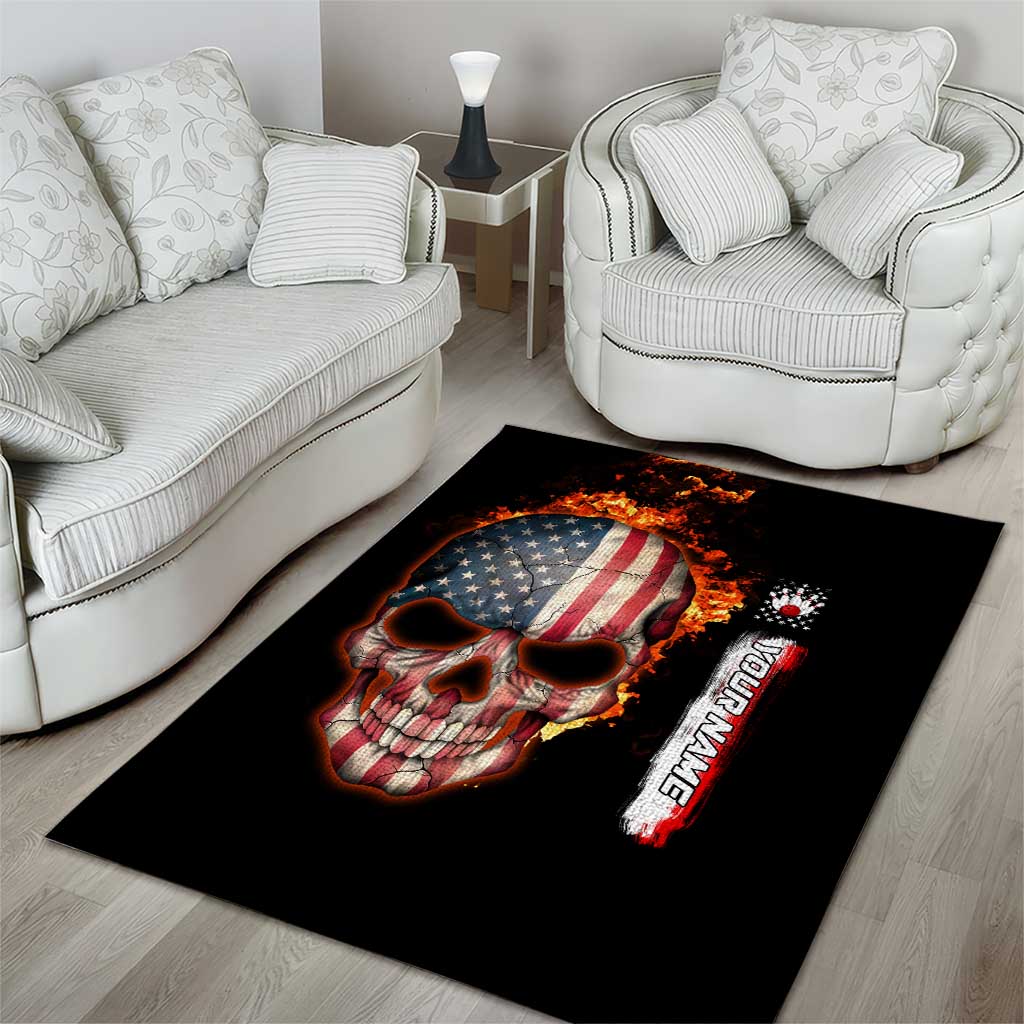 American Flag Skull Design Area Rug with Bowling Elements and Fire Background with Custom Team Name Text - Wonder Print Shop