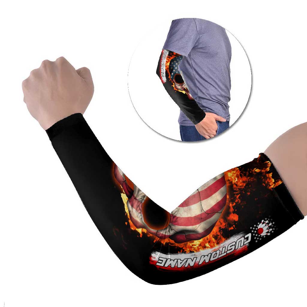 American Flag Skull Design Arm Sleeves with Bowling Elements and Fire Background with Custom Team Name Text - Wonder Print Shop