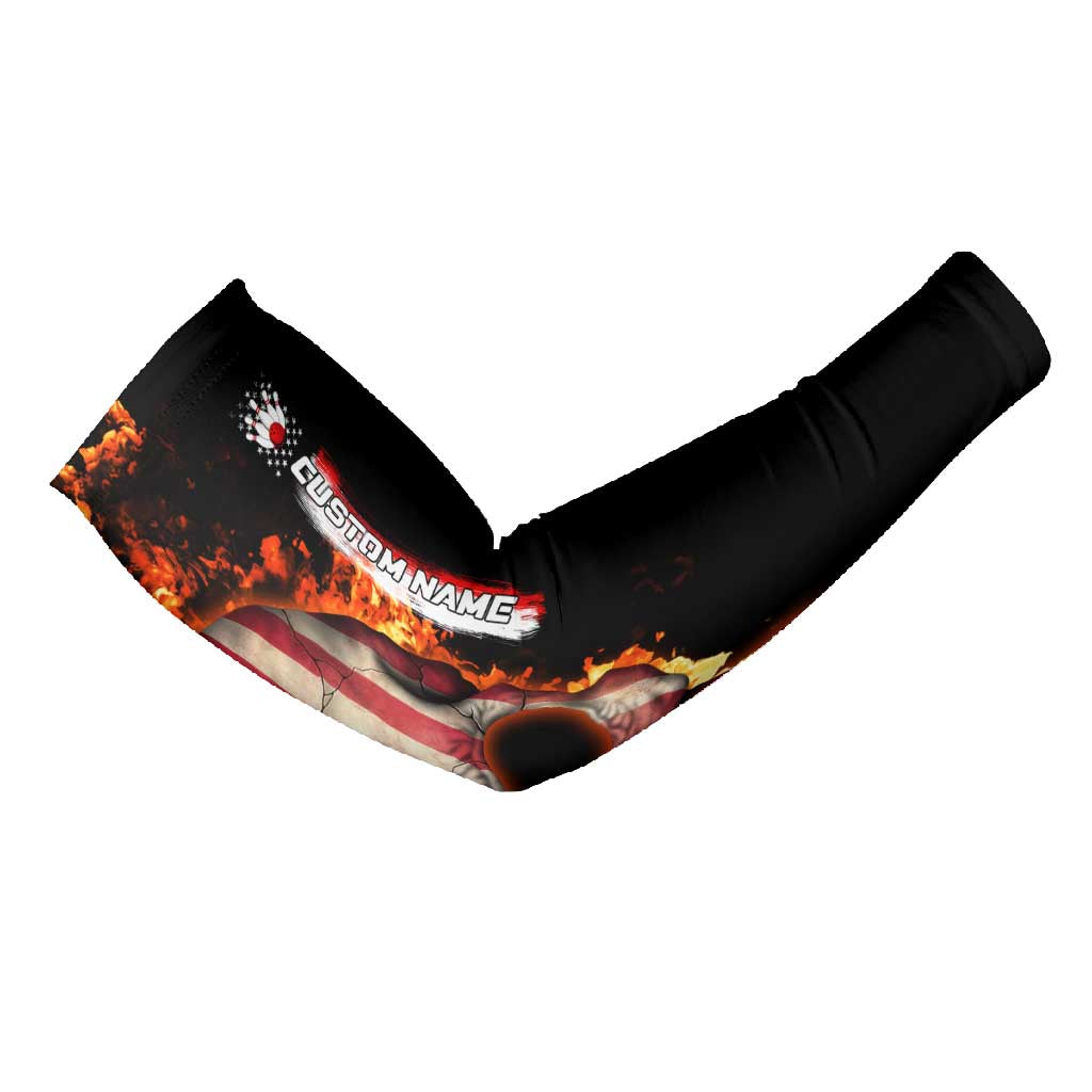 American Flag Skull Design Arm Sleeves with Bowling Elements and Fire Background with Custom Team Name Text - Wonder Print Shop