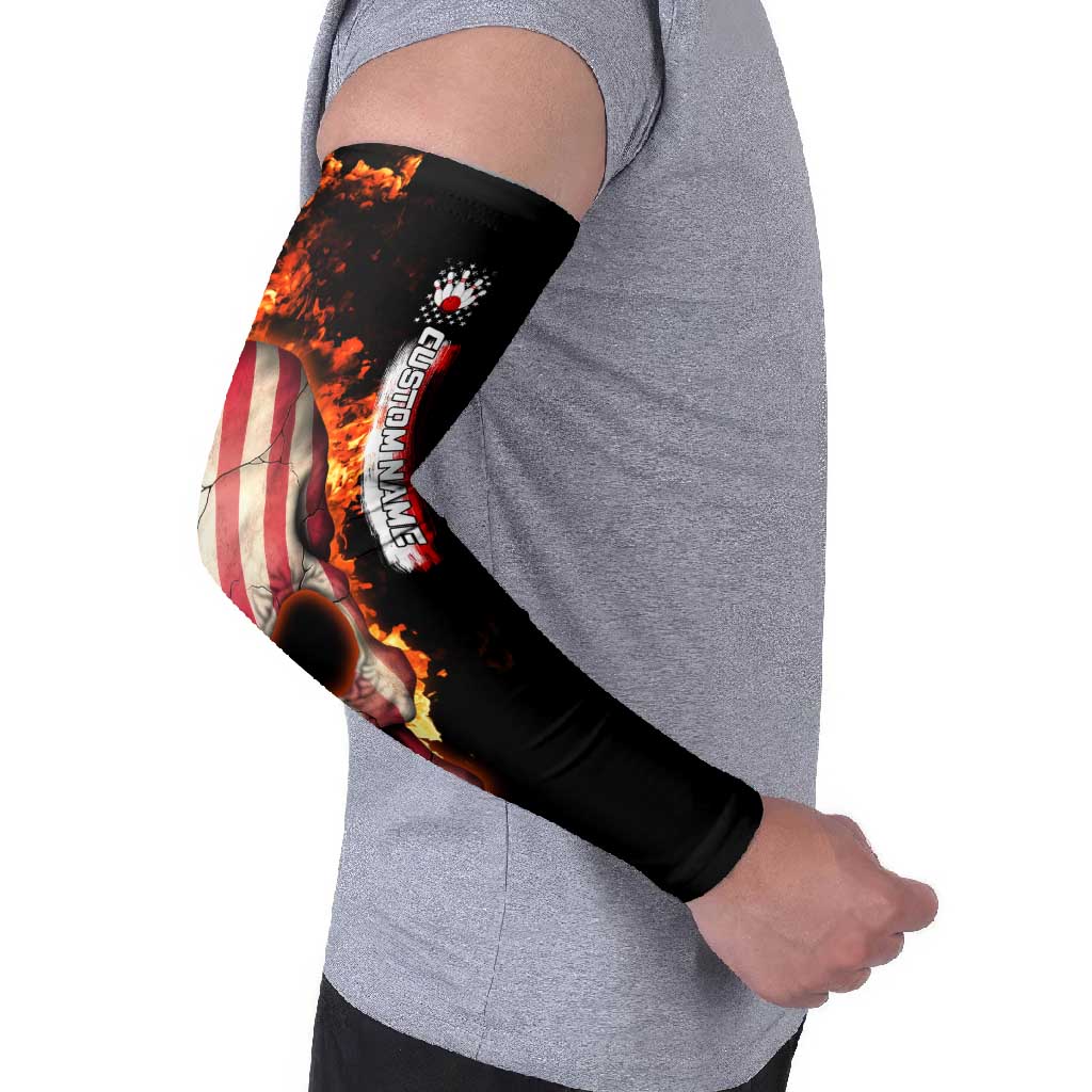 American Flag Skull Design Arm Sleeves with Bowling Elements and Fire Background with Custom Team Name Text - Wonder Print Shop