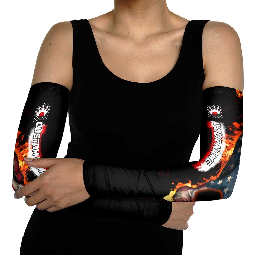 American Flag Skull Design Arm Sleeves with Bowling Elements and Fire Background with Custom Team Name Text - Wonder Print Shop