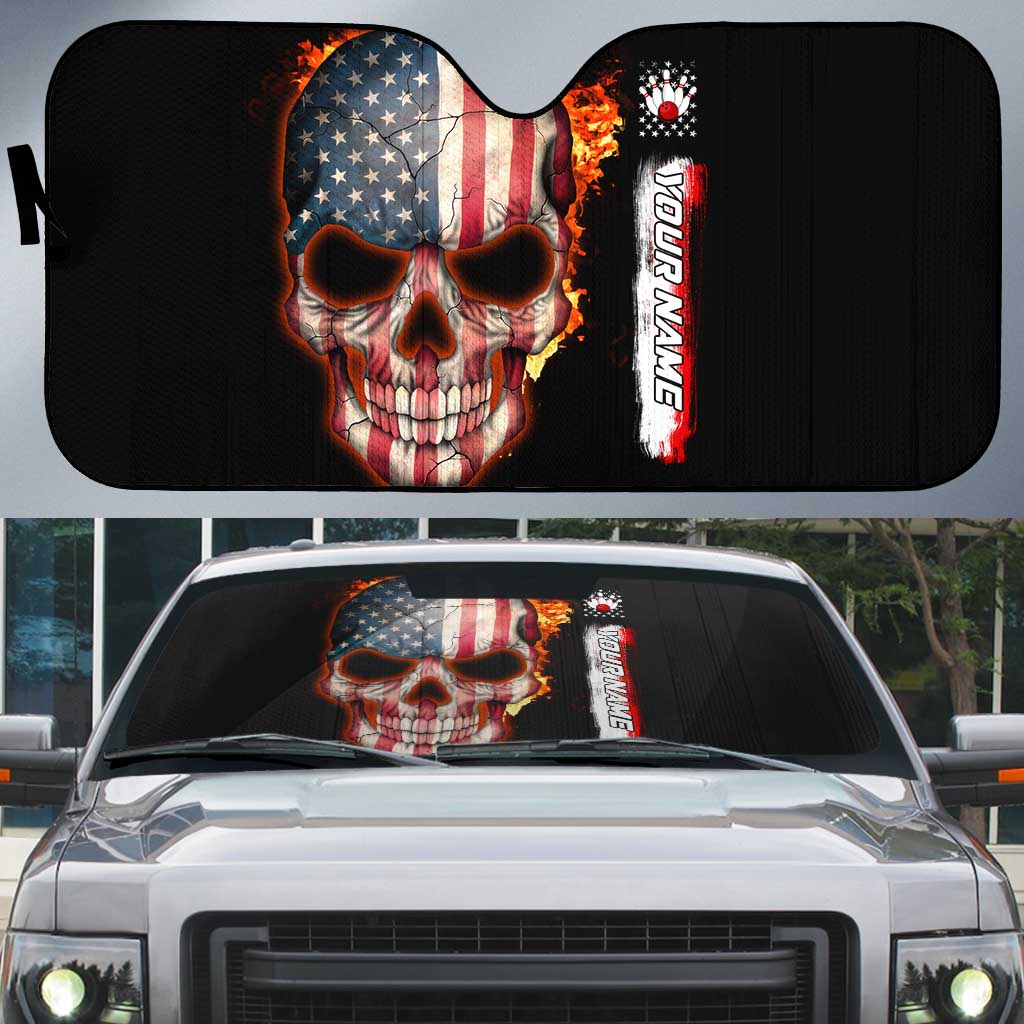 American Flag Skull Design Auto Sun Shade with Bowling Elements and Fire Background with Custom Team Name Text - Wonder Print Shop