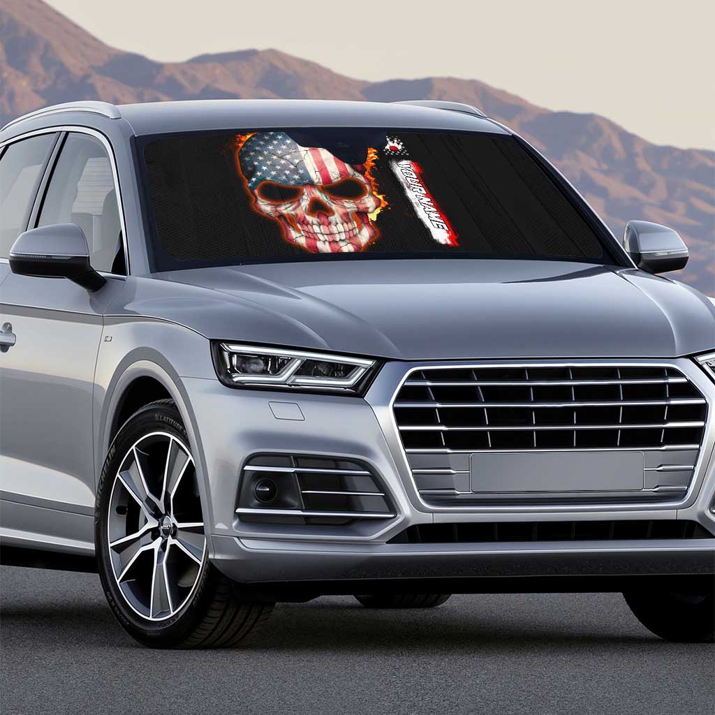 American Flag Skull Design Auto Sun Shade with Bowling Elements and Fire Background with Custom Team Name Text - Wonder Print Shop