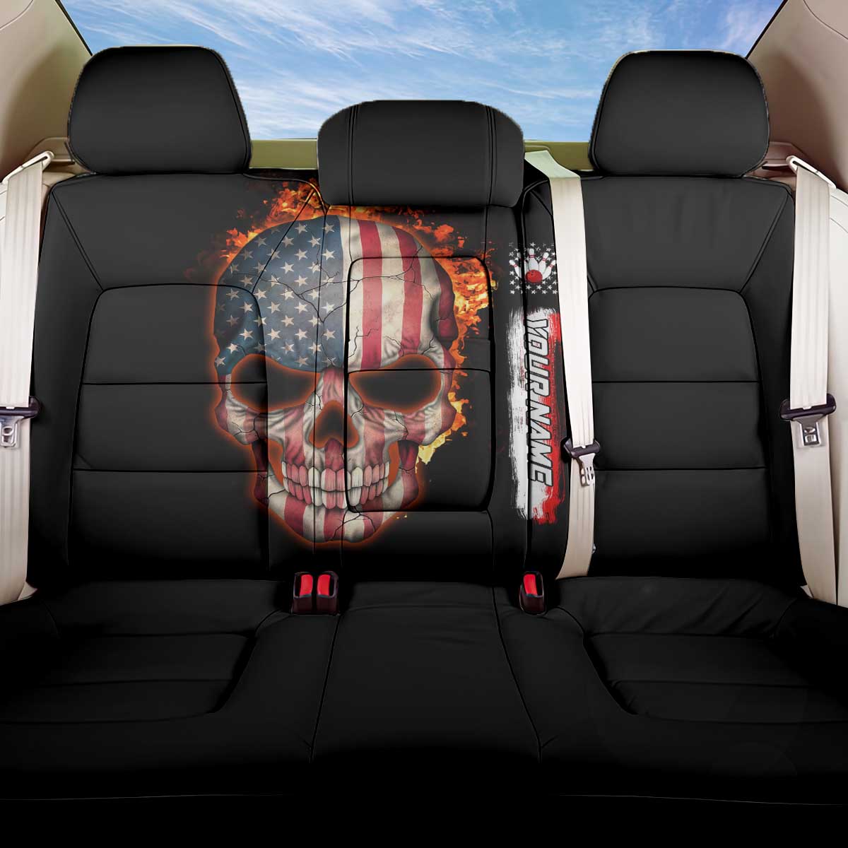 American Flag Skull Design Back Car Seat Cover with Bowling Elements and Fire Background with Custom Team Name Text - Wonder Print Shop