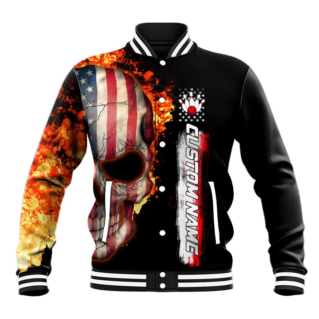 American Flag Skull Design Baseball Jacket with Bowling Elements and Fire Background with Custom Team Name Text - Wonder Print Shop