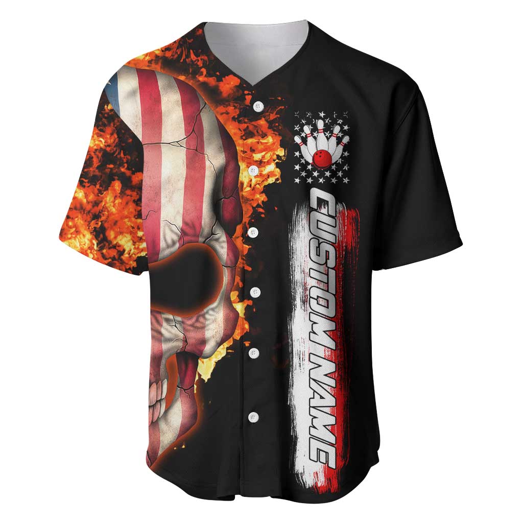 American Flag Skull Design Baseball Jersey with Bowling Elements and Fire Background with Custom Team Name Text - Wonder Print Shop