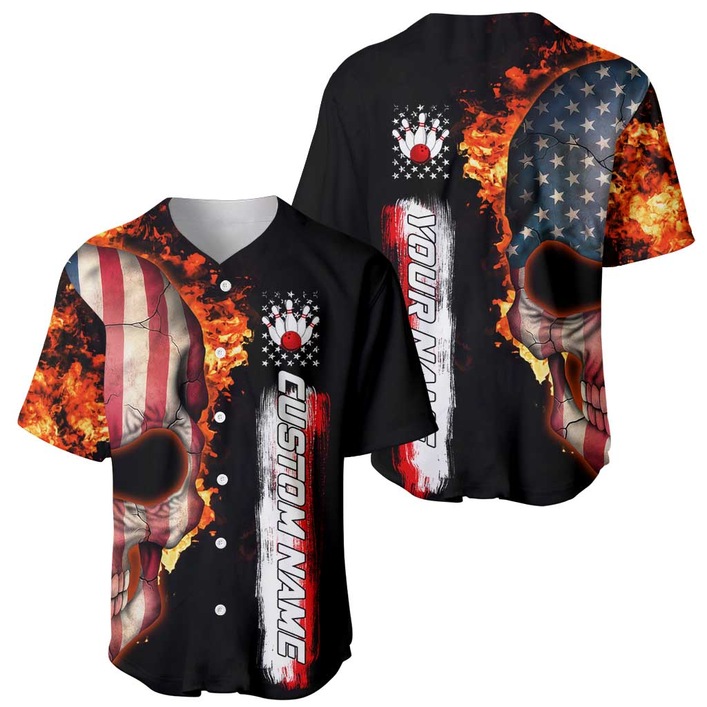 American Flag Skull Design Baseball Jersey with Bowling Elements and Fire Background with Custom Team Name Text - Wonder Print Shop