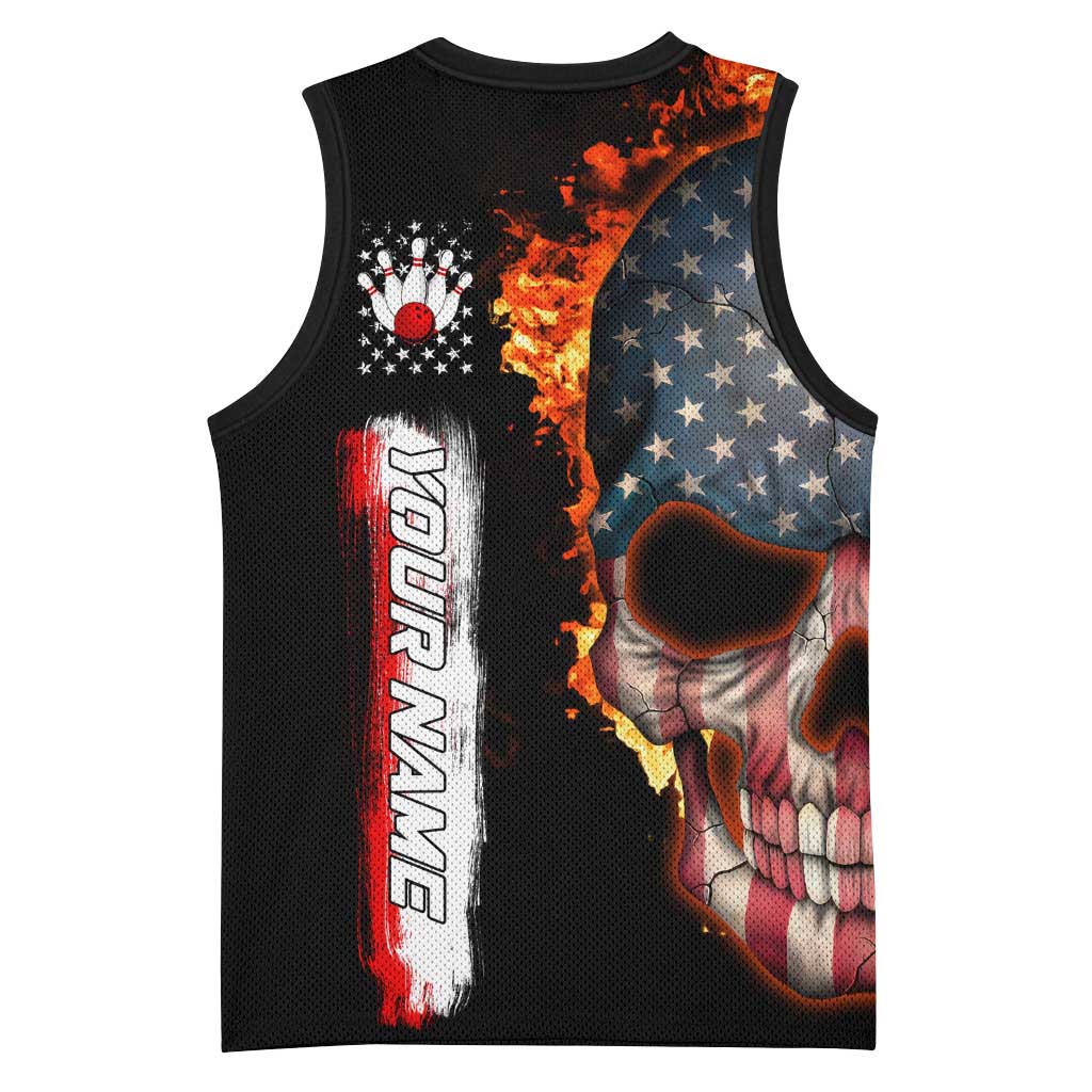American Flag Skull Design Basketball Jersey with Bowling Elements and Fire Background with Custom Team Name Text - Wonder Print Shop
