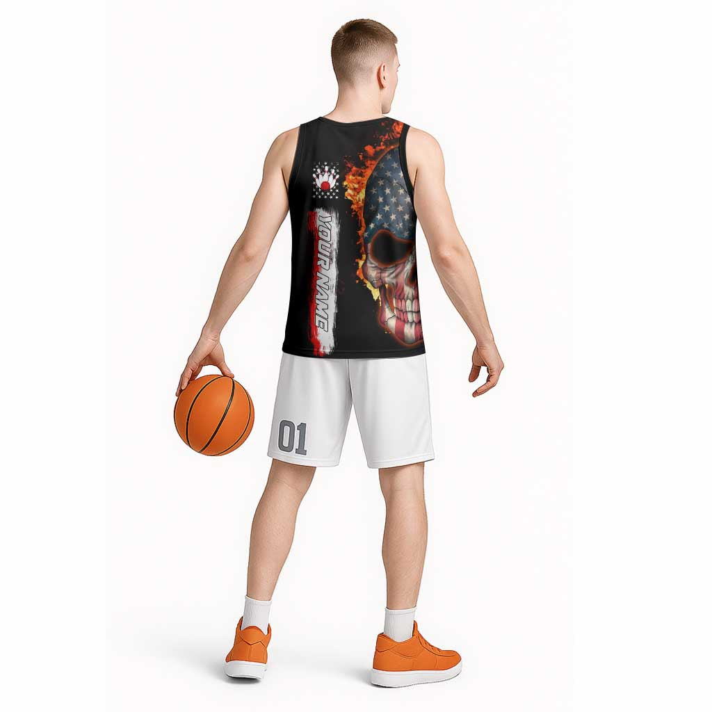American Flag Skull Design Basketball Jersey with Bowling Elements and Fire Background with Custom Team Name Text - Wonder Print Shop
