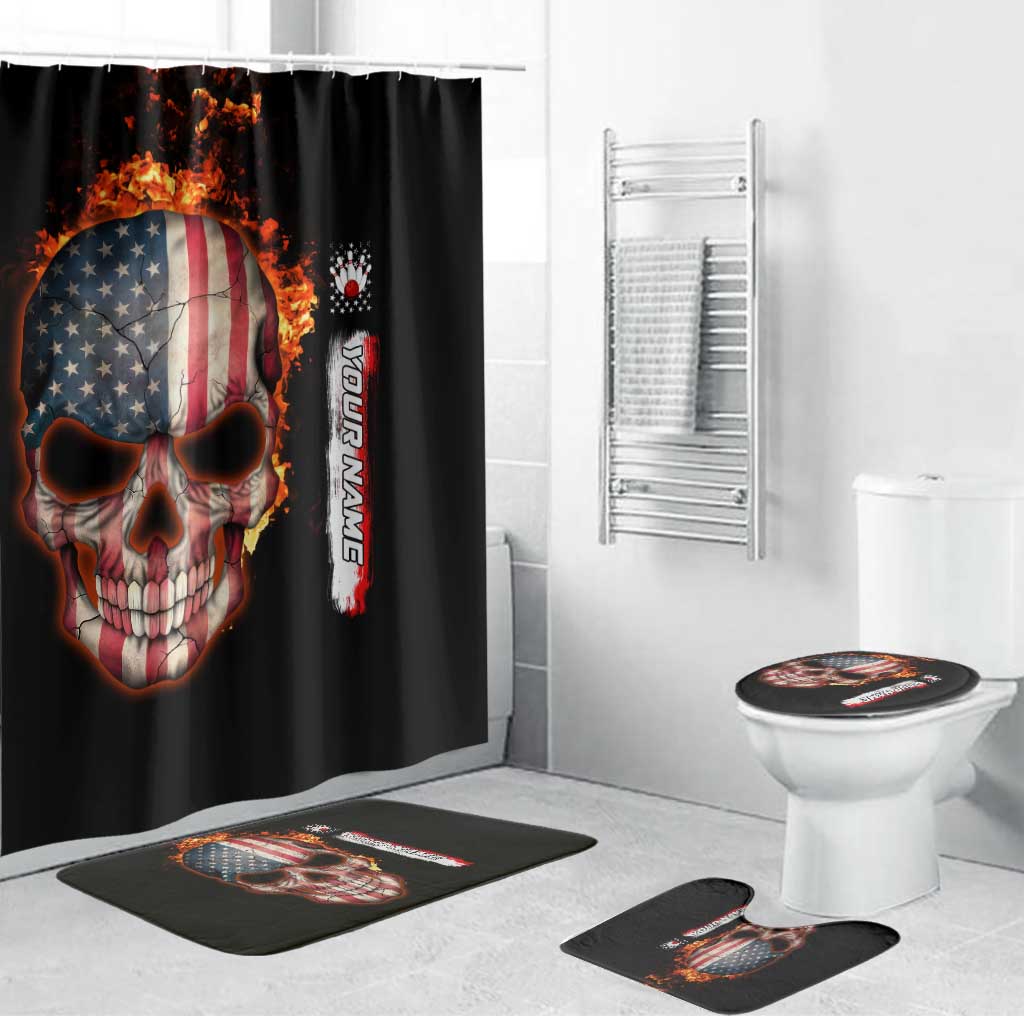 American Flag Skull Design Bathroom Set with Bowling Elements and Fire Background with Custom Team Name Text - Wonder Print Shop