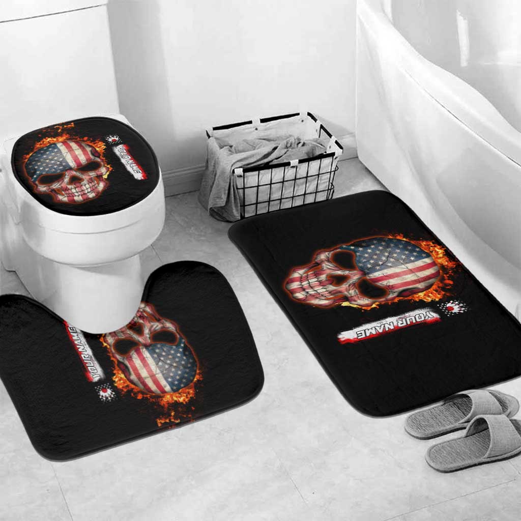 American Flag Skull Design Bathroom Set with Bowling Elements and Fire Background with Custom Team Name Text - Wonder Print Shop