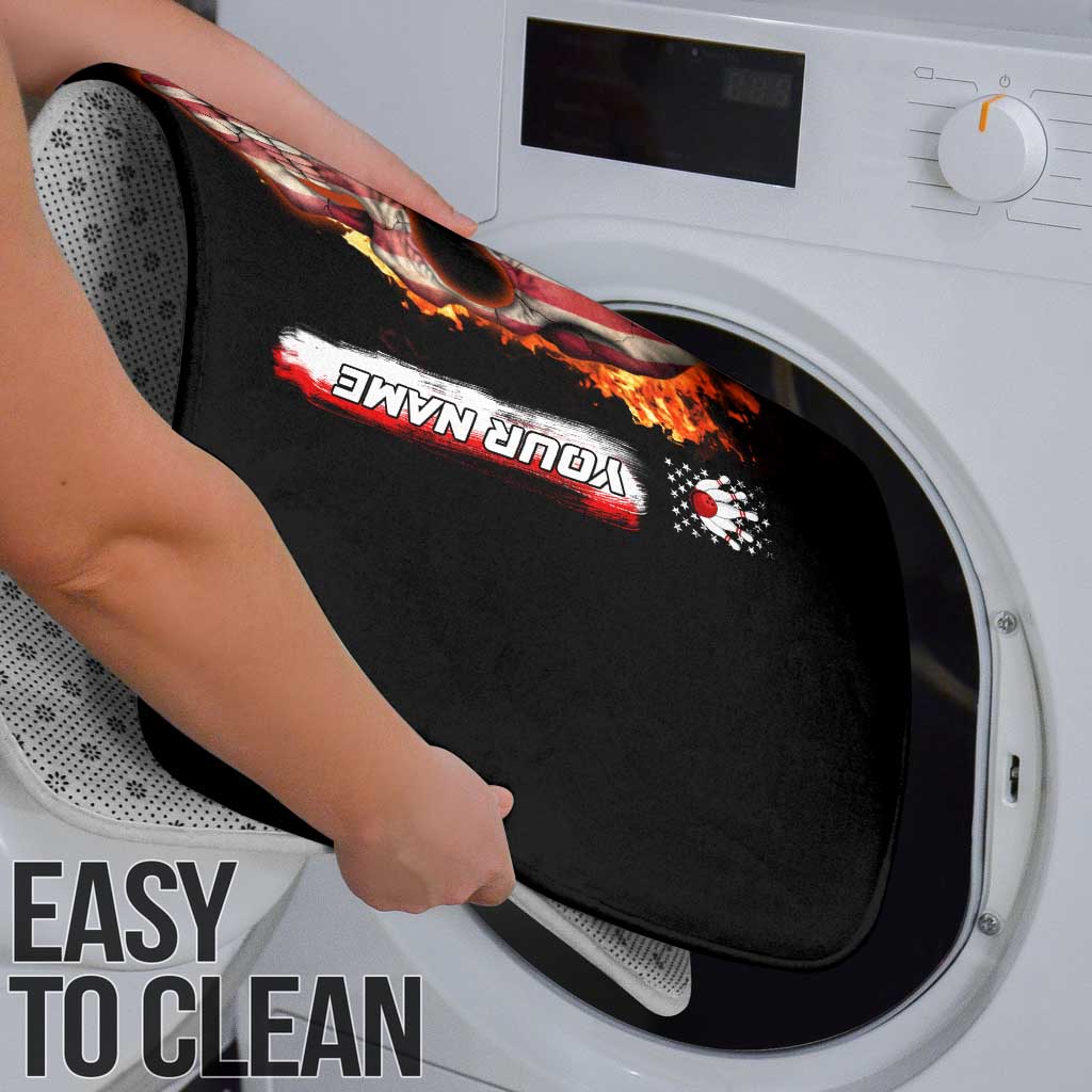 American Flag Skull Design Bathroom Set with Bowling Elements and Fire Background with Custom Team Name Text - Wonder Print Shop
