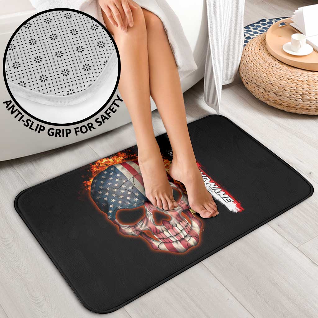 American Flag Skull Design Bathroom Set with Bowling Elements and Fire Background with Custom Team Name Text - Wonder Print Shop