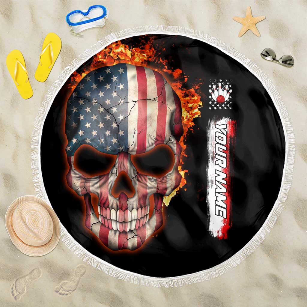 American Flag Skull Design Beach Blanket with Bowling Elements and Fire Background with Custom Team Name Text - Wonder Print Shop