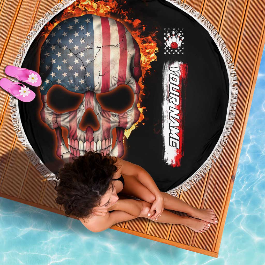 American Flag Skull Design Beach Blanket with Bowling Elements and Fire Background with Custom Team Name Text - Wonder Print Shop