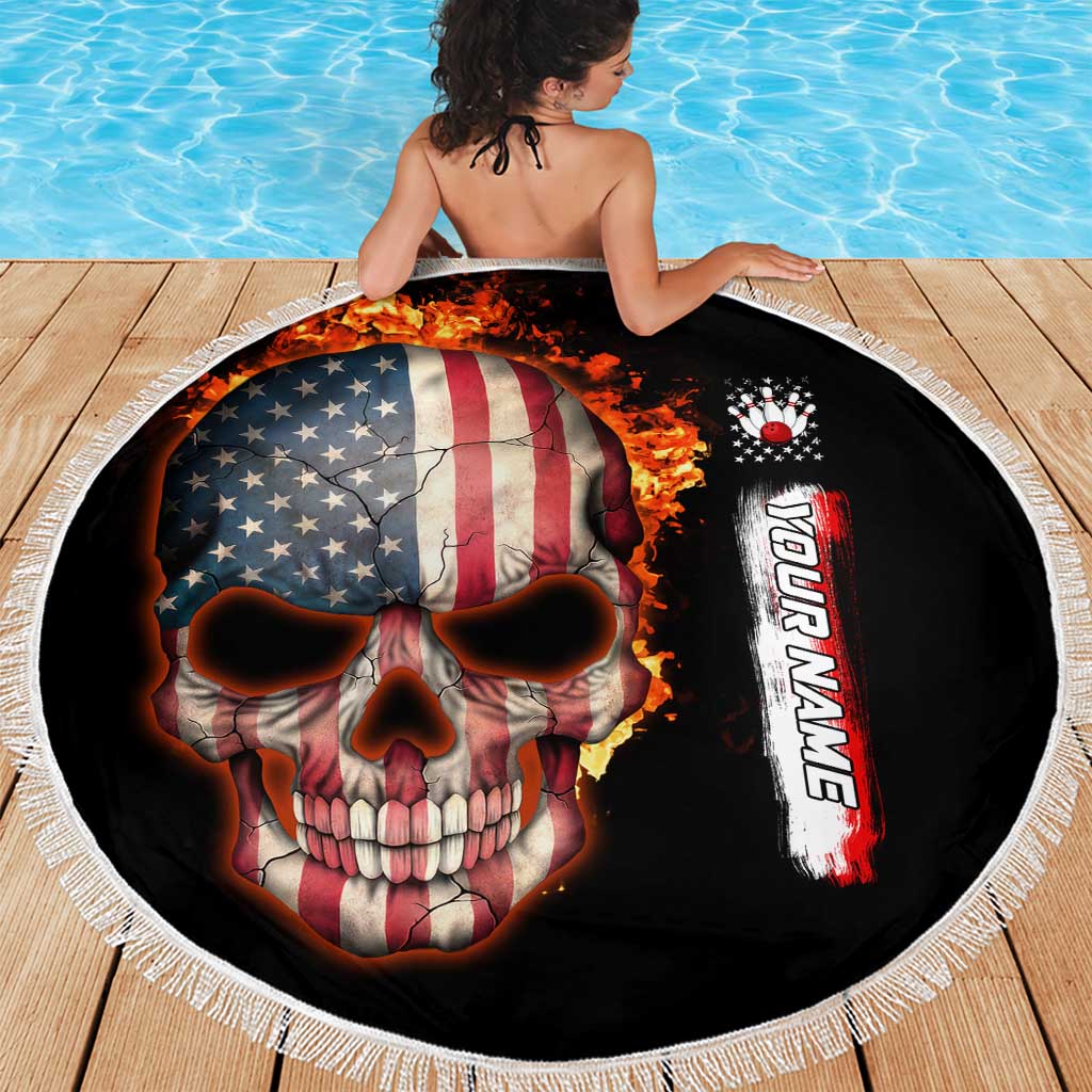 American Flag Skull Design Beach Blanket with Bowling Elements and Fire Background with Custom Team Name Text - Wonder Print Shop