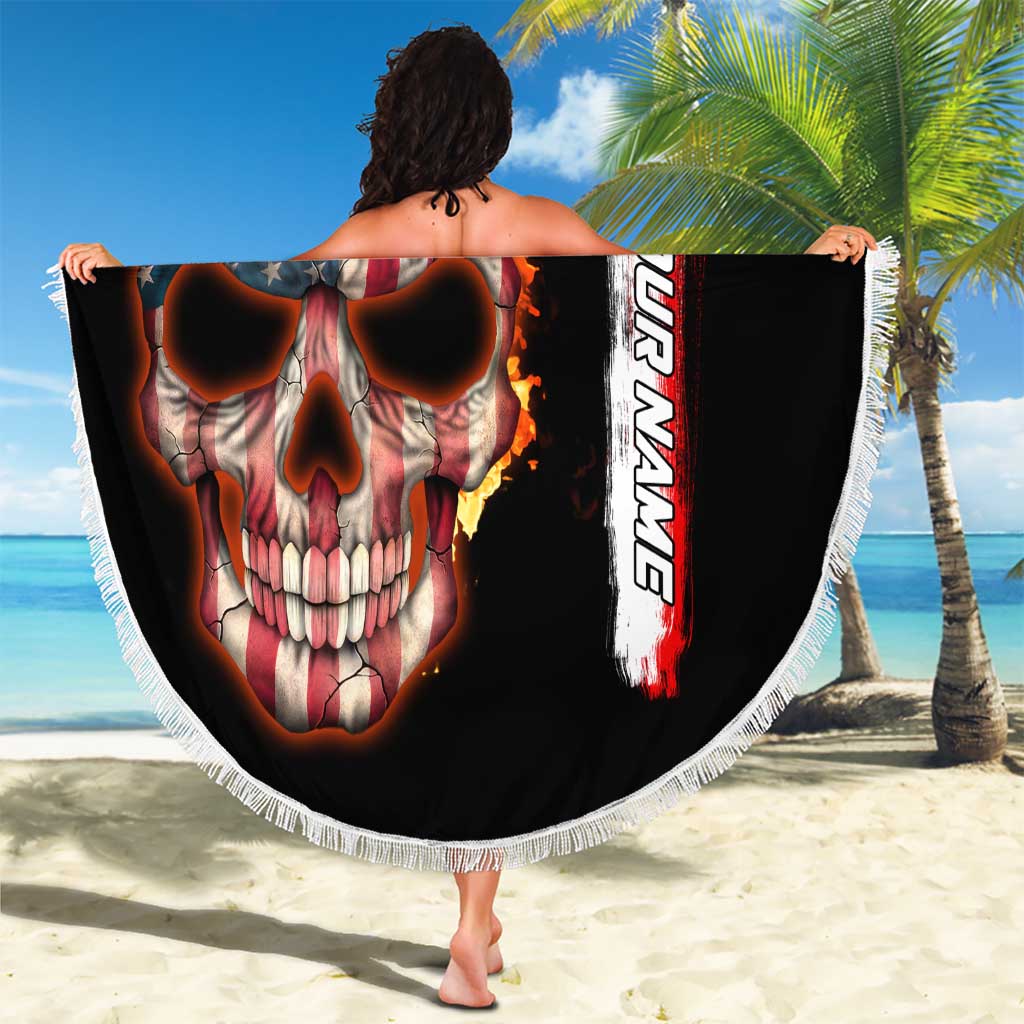 American Flag Skull Design Beach Blanket with Bowling Elements and Fire Background with Custom Team Name Text - Wonder Print Shop