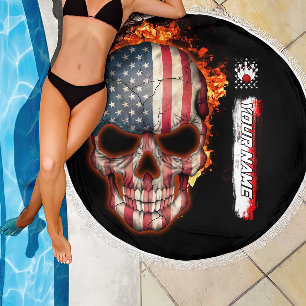 American Flag Skull Design Beach Blanket with Bowling Elements and Fire Background with Custom Team Name Text - Wonder Print Shop