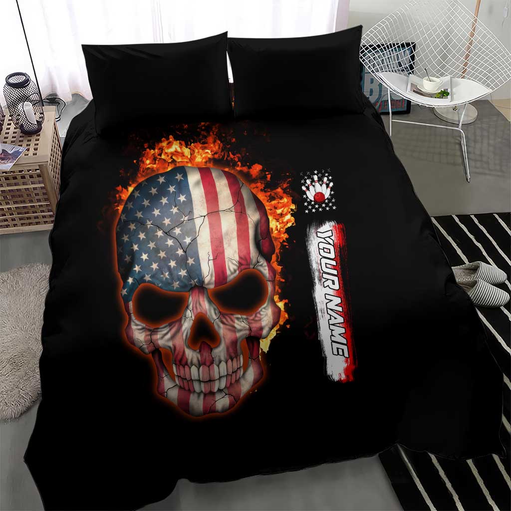 American Flag Skull Design Bedding Set with Bowling Elements and Fire Background with Custom Team Name Text - Wonder Print Shop