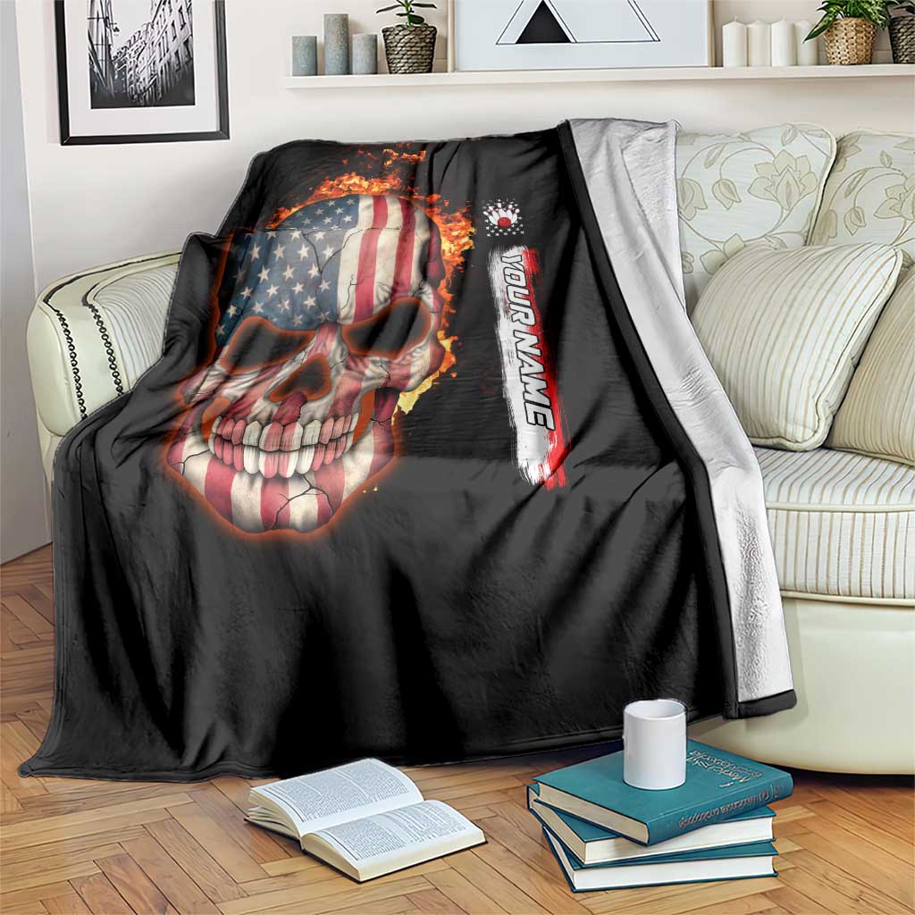 American Flag Skull Design Blanket with Bowling Elements and Fire Background with Custom Team Name Text - Wonder Print Shop
