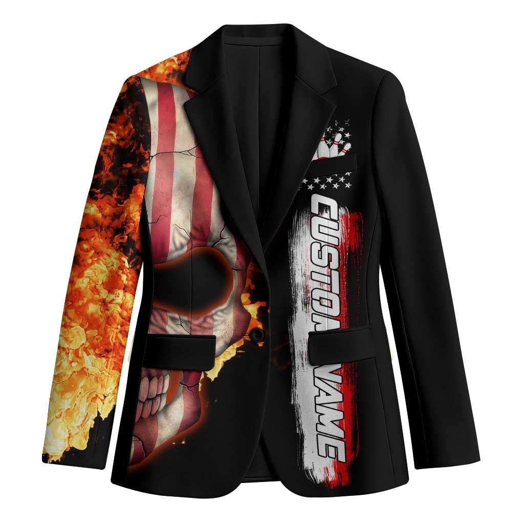 American Flag Skull Design Blazer with Bowling Elements and Fire Background with Custom Team Name Text - Wonder Print Shop