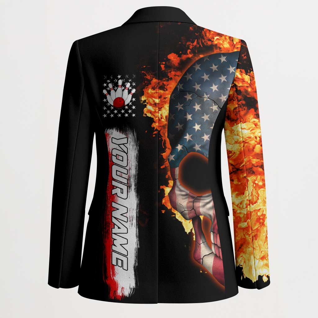 American Flag Skull Design Blazer with Bowling Elements and Fire Background with Custom Team Name Text - Wonder Print Shop