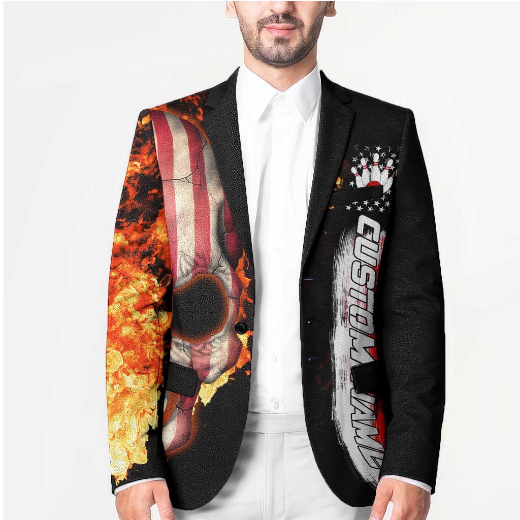 American Flag Skull Design Blazer with Bowling Elements and Fire Background with Custom Team Name Text - Wonder Print Shop