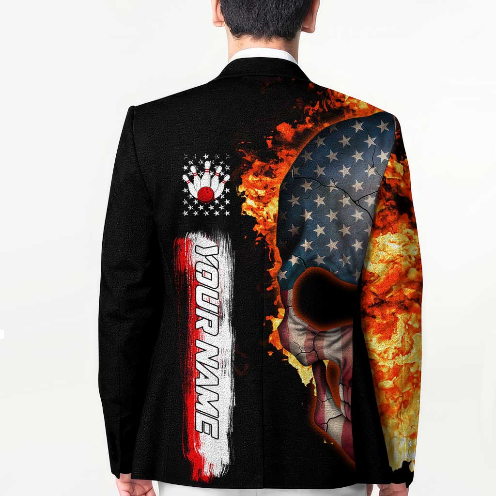 American Flag Skull Design Blazer with Bowling Elements and Fire Background with Custom Team Name Text - Wonder Print Shop