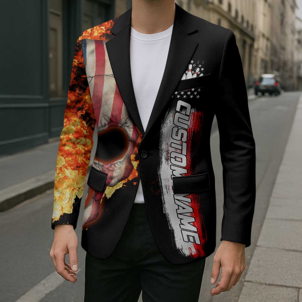 American Flag Skull Design Blazer with Bowling Elements and Fire Background with Custom Team Name Text - Wonder Print Shop