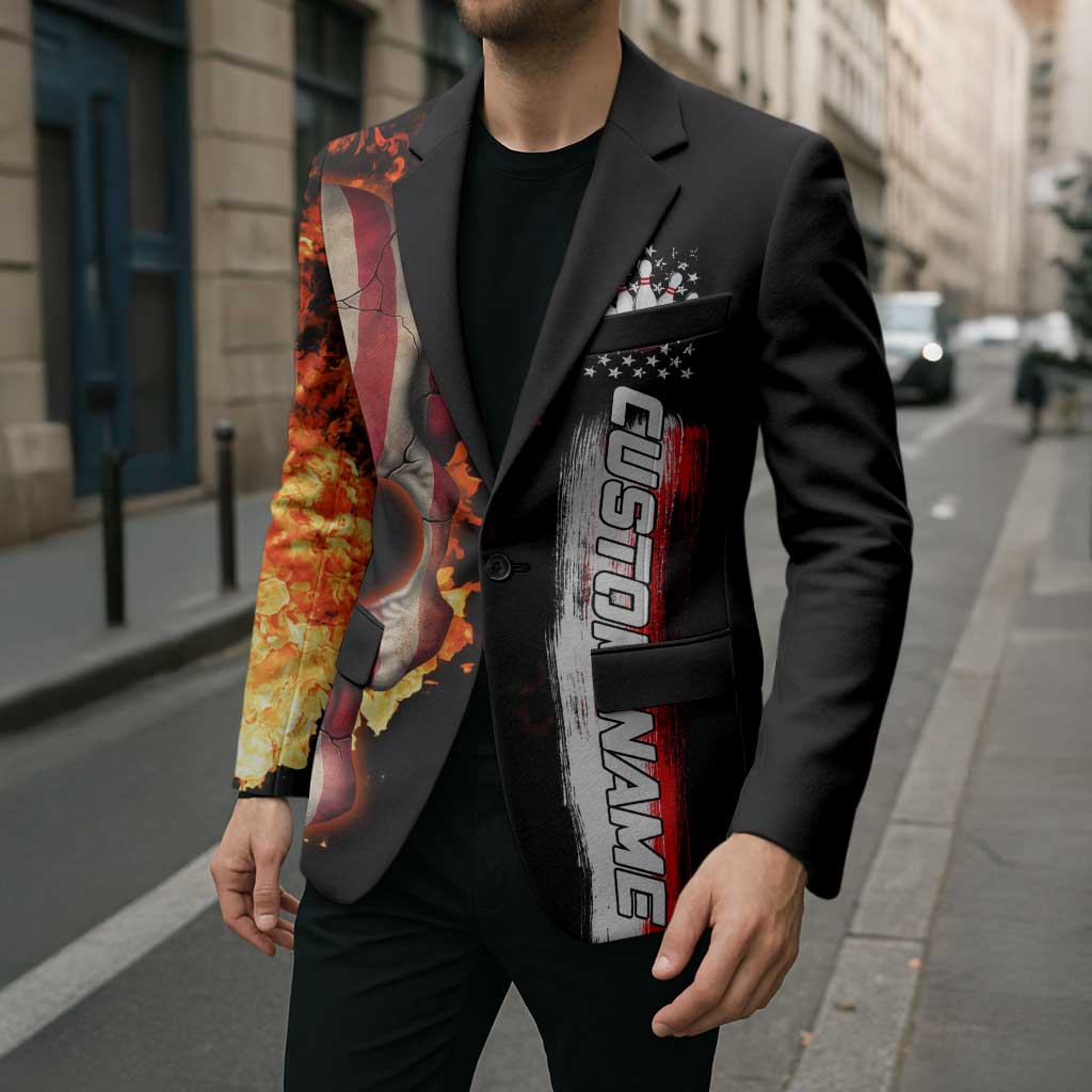 American Flag Skull Design Blazer with Bowling Elements and Fire Background with Custom Team Name Text - Wonder Print Shop