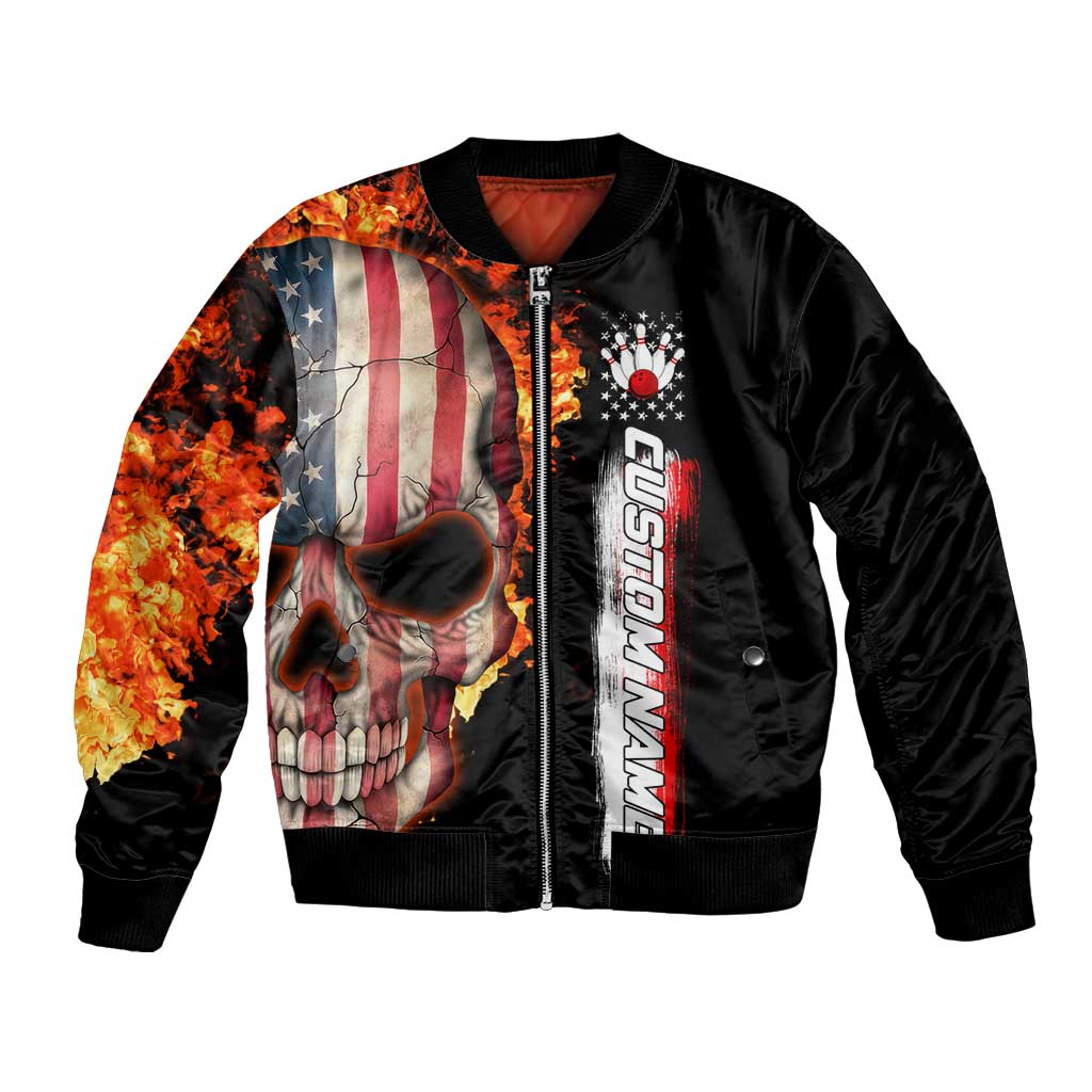 American Flag Skull Design Bomber Jacket with Bowling Elements and Fire Background with Custom Team Name Text - Wonder Print Shop