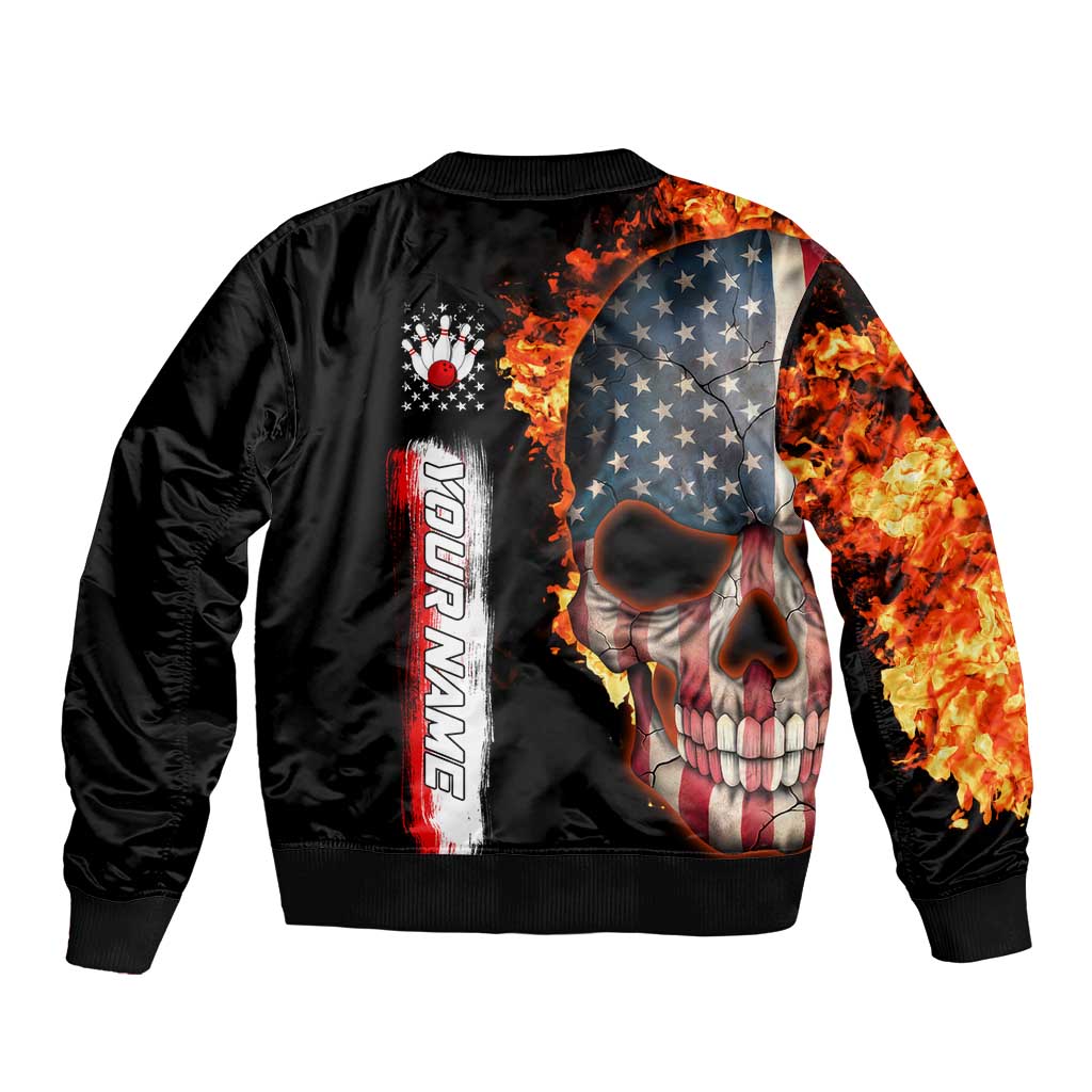 American Flag Skull Design Bomber Jacket with Bowling Elements and Fire Background with Custom Team Name Text - Wonder Print Shop