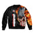 American Flag Skull Design Bomber Jacket with Bowling Elements and Fire Background with Custom Team Name Text - Wonder Print Shop