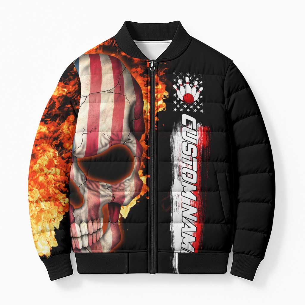 American Flag Skull Design Bomber Puffer Jacket with Bowling Elements and Fire Background with Custom Team Name Text - Wonder Print Shop