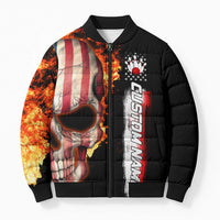 American Flag Skull Design Bomber Puffer Jacket with Bowling Elements and Fire Background with Custom Team Name Text - Wonder Print Shop