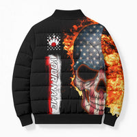 American Flag Skull Design Bomber Puffer Jacket with Bowling Elements and Fire Background with Custom Team Name Text - Wonder Print Shop