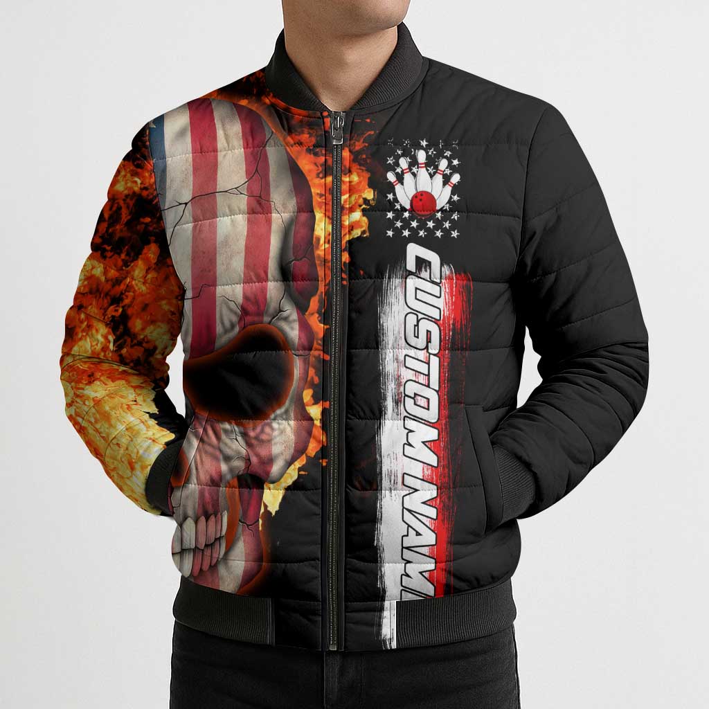 American Flag Skull Design Bomber Puffer Jacket with Bowling Elements and Fire Background with Custom Team Name Text - Wonder Print Shop