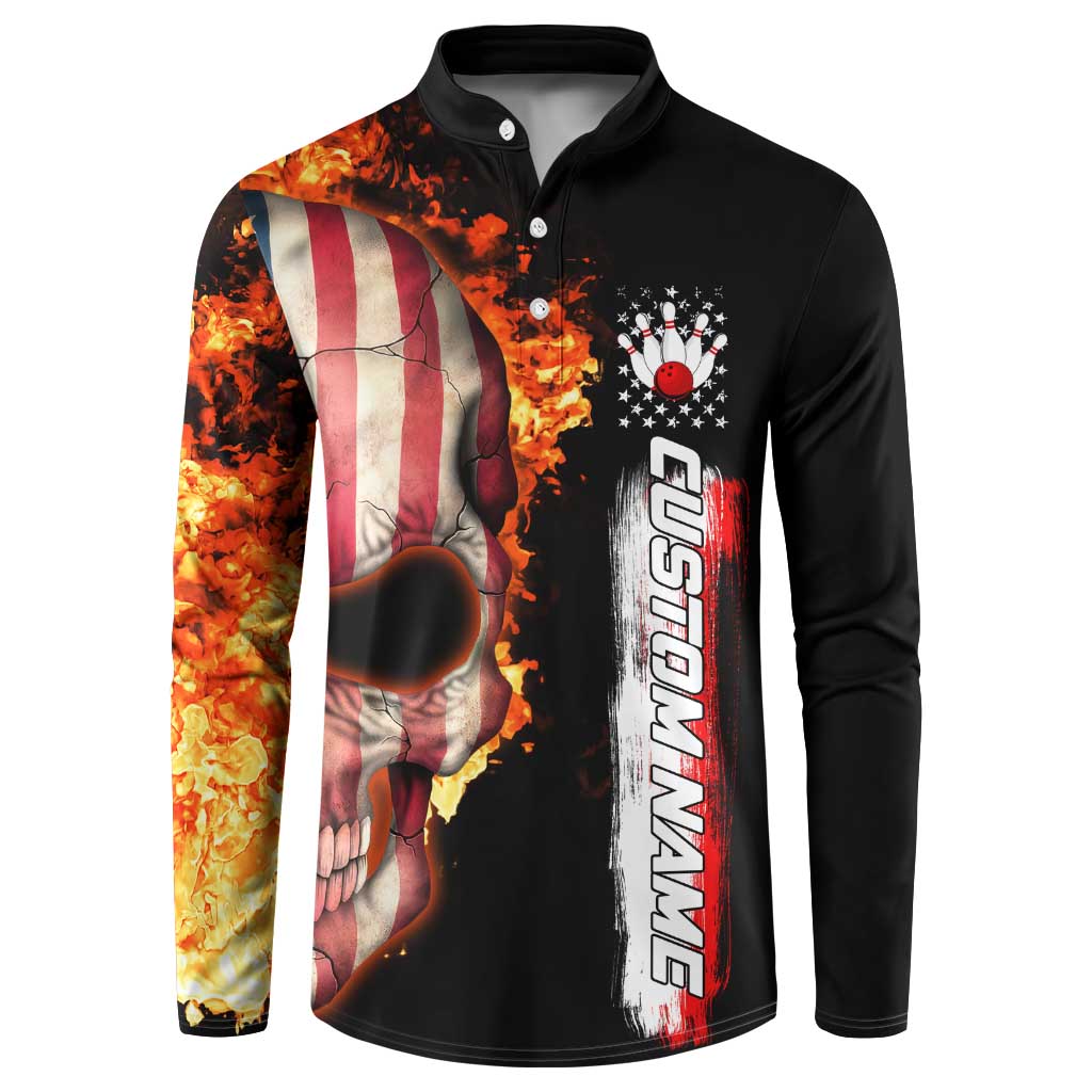 American Flag Skull Design Button Sweatshirt with Bowling Elements and Fire Background with Custom Team Name Text - Wonder Print Shop