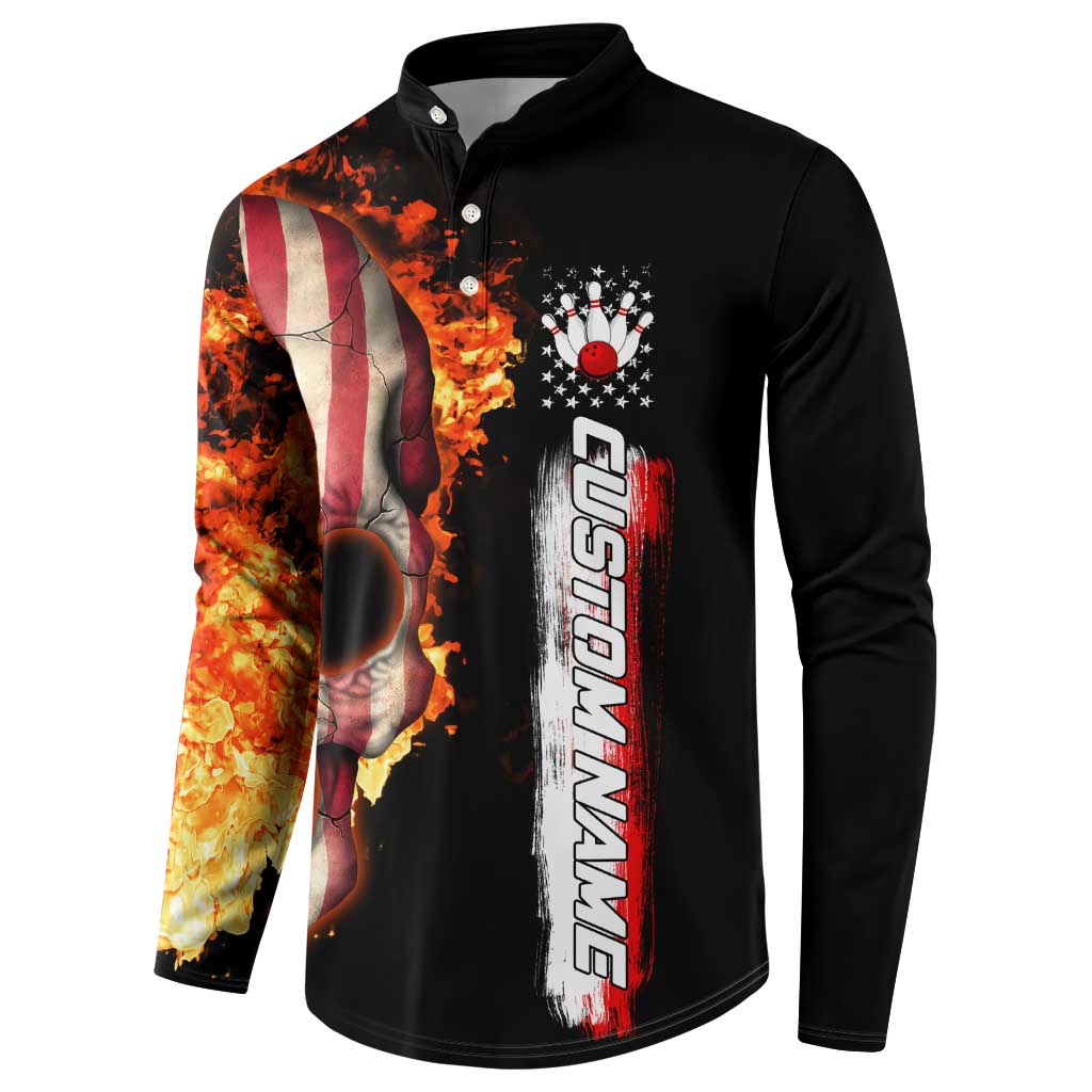 American Flag Skull Design Button Sweatshirt with Bowling Elements and Fire Background with Custom Team Name Text - Wonder Print Shop